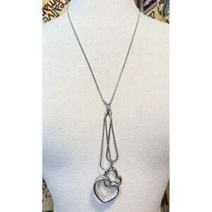 Guess Silver Tone Double Open Heart Rhinestone Pendant Y Necklace 17.5" drop